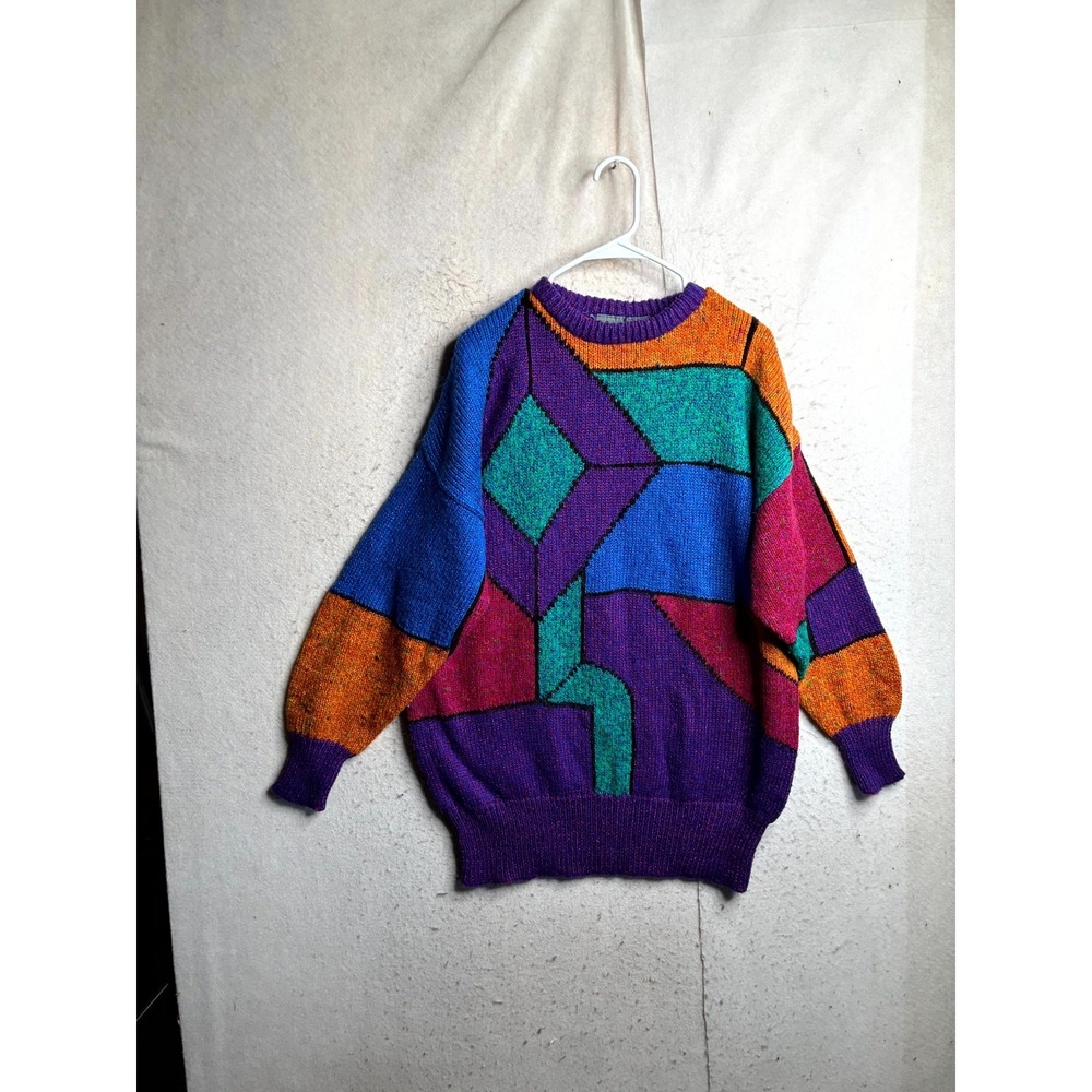 Vintage Lizwear Sweater Womens L Multicolor Open Knit Abstract Print Crew neck